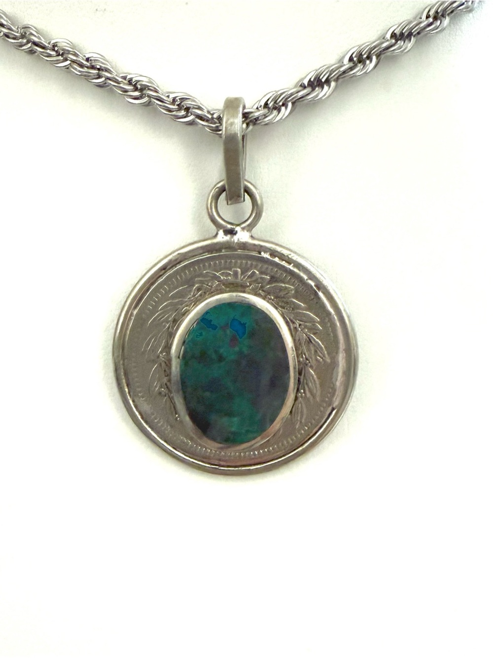 Sterling Silver Chrysocolla Cabochon Chile Coin Pendant Necklace 925 Artisan